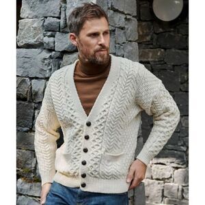 Carraig Donn Vintage Cable Knit Fisherman Aran V-Neck Cardigan Wool Mens XXL EUC
